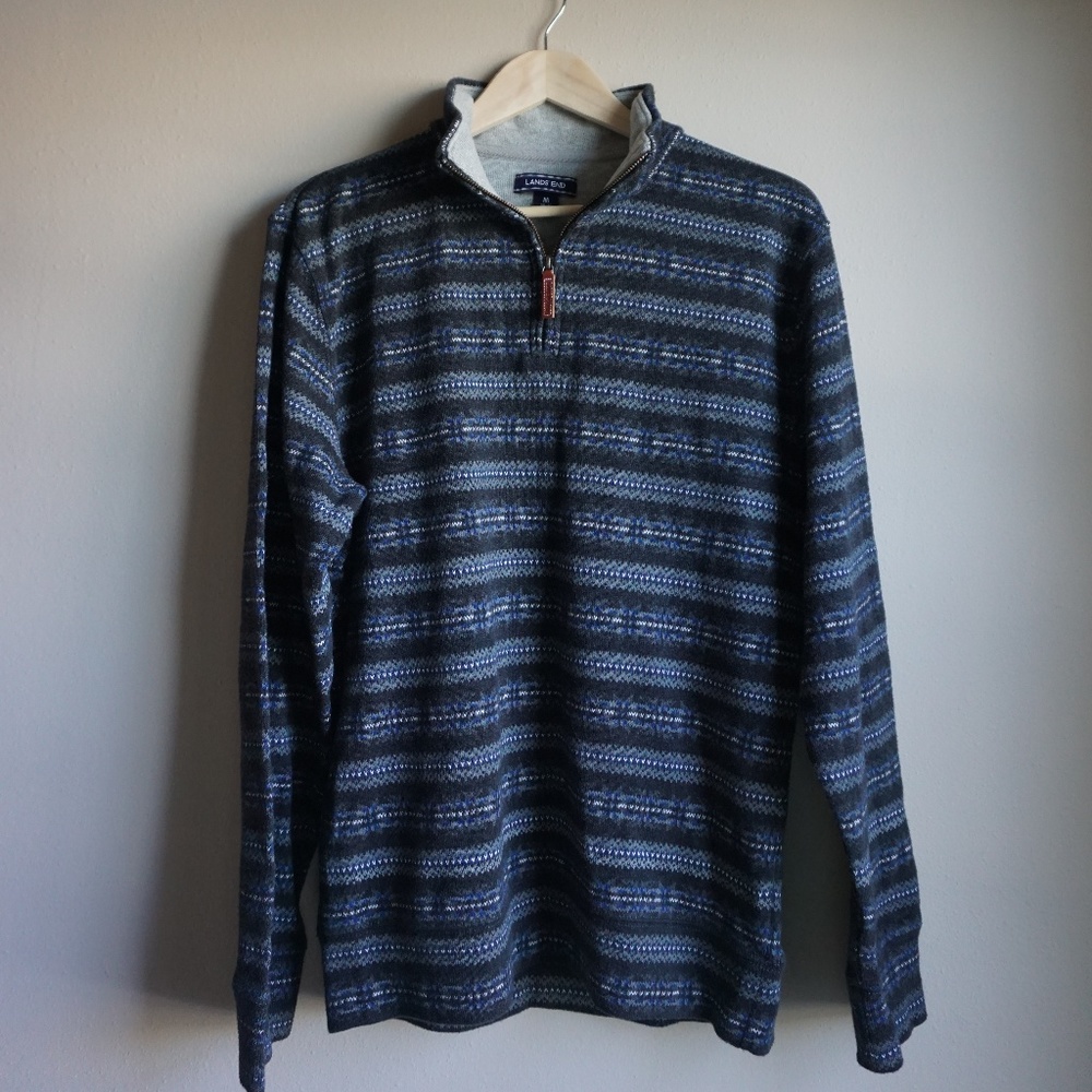 Lands' End Mens Medium Blue Striped Sweater